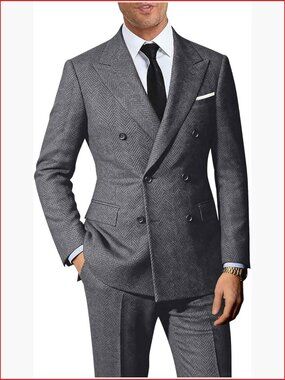 Retro 2 Piece Tweed Herringbone Suit Double Breasted Wool Blazer & Pants Set